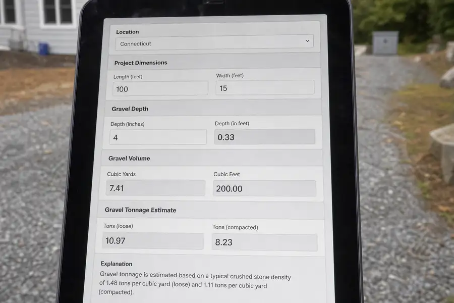 Driveway calculator screen showing gravel depth and tonnage for a Connecticut project
