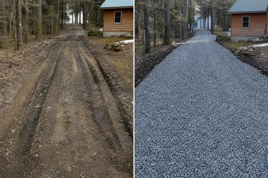 Before and after of a rutted driveway resurfaced with fresh gray crushed stone
