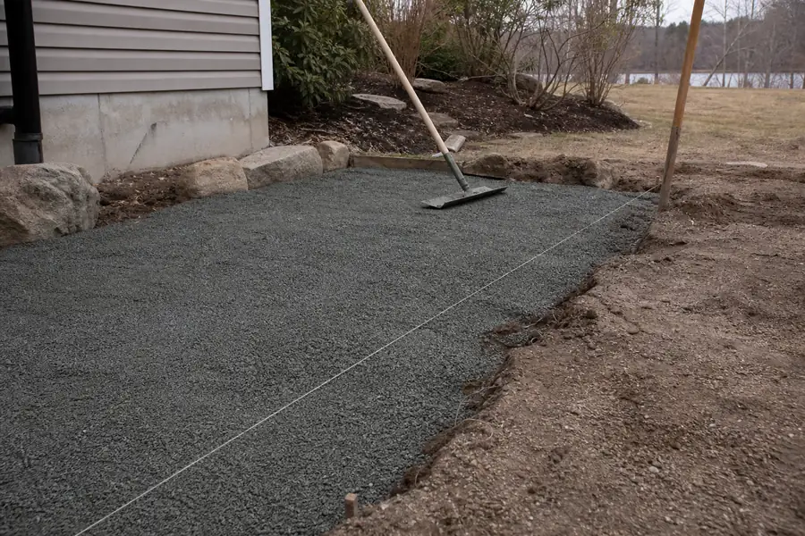Contractor spreading processed gravel base ahead of a stone patio installation in Connecticut