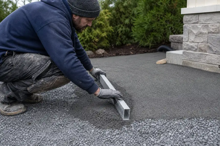 Worker screeding a layer of stone dust across a compacted gravel patio base
